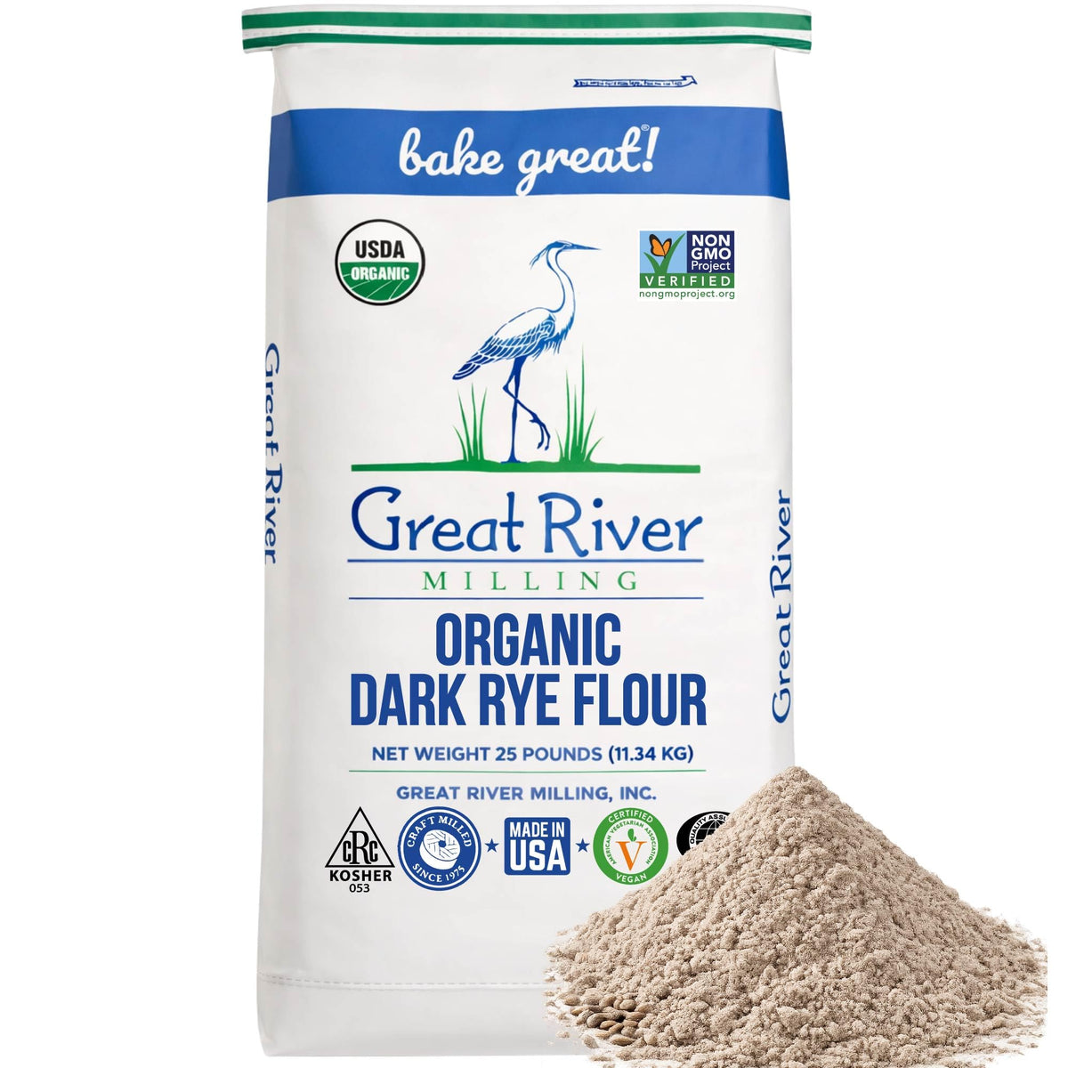 Great River Milling organic dark rye flour bag highlighting rich color for rustic bread.