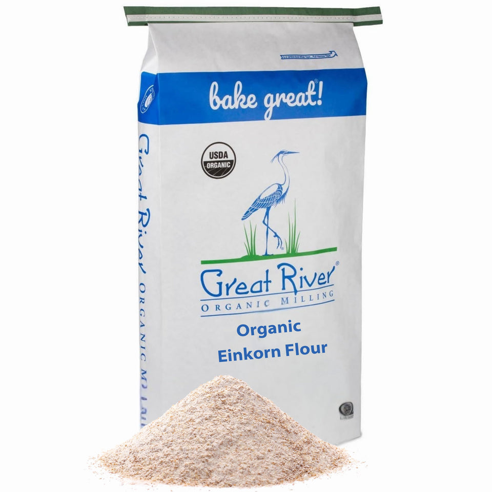 Great River Milling einkorn flour packaging highlights a pure organic ingredient for home baking.