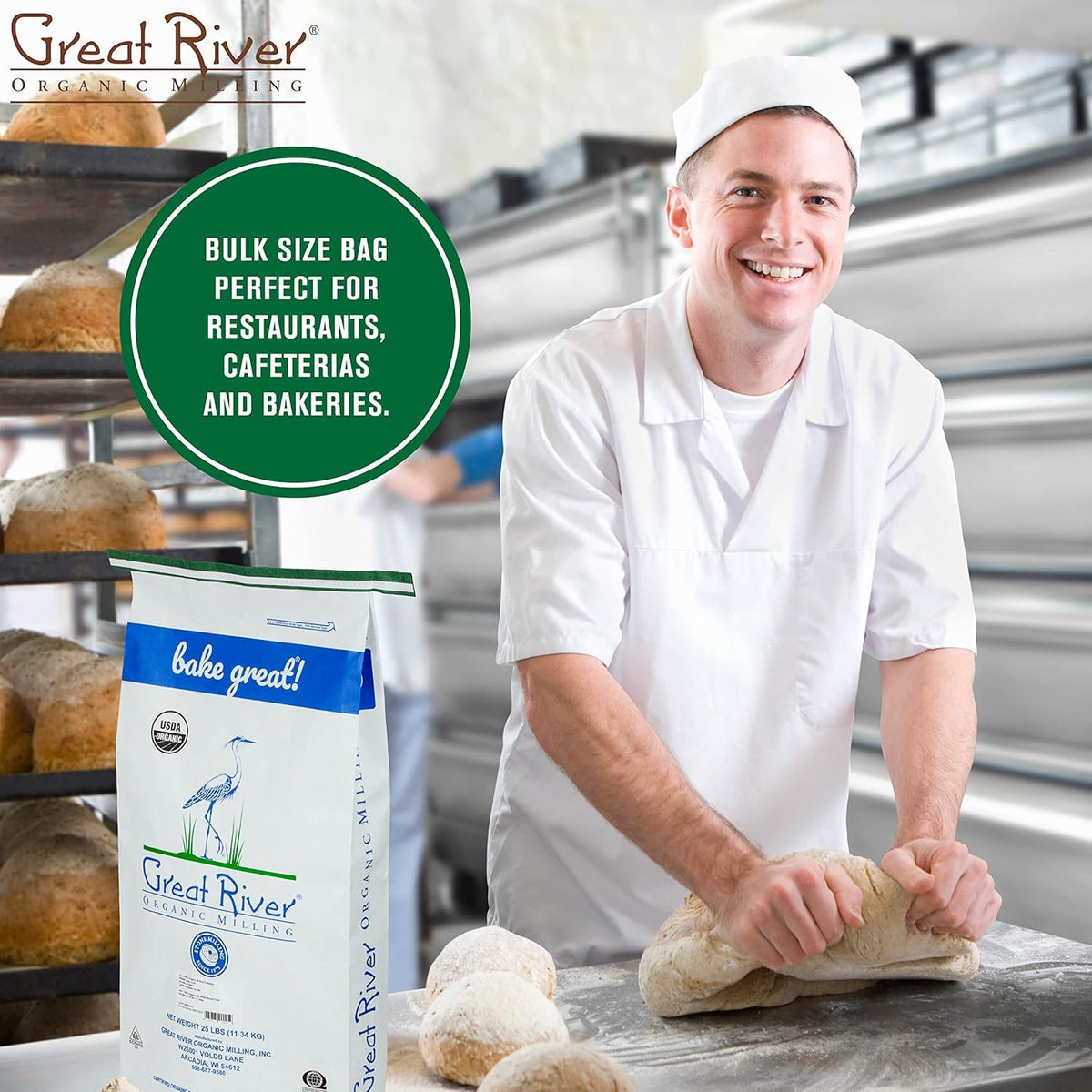 Great River Milling einkorn flour baking scene suggests high-protein, nutrient-dense results.