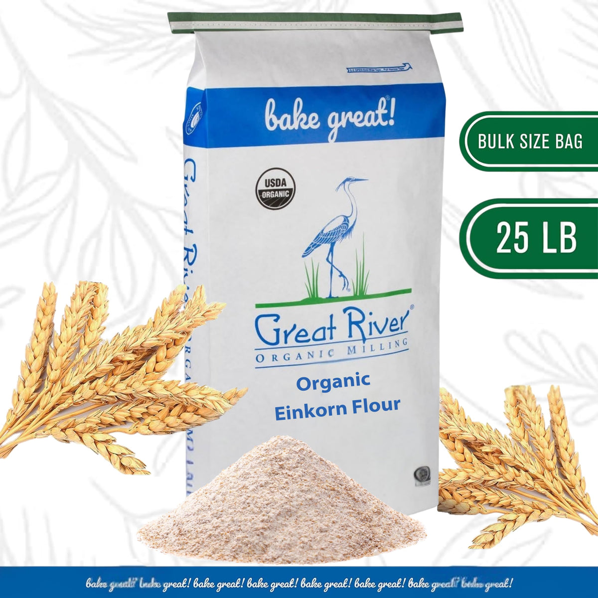 Close-up of Great River Milling einkorn flour texture emphasizes ancient grain richness for rustic breads.