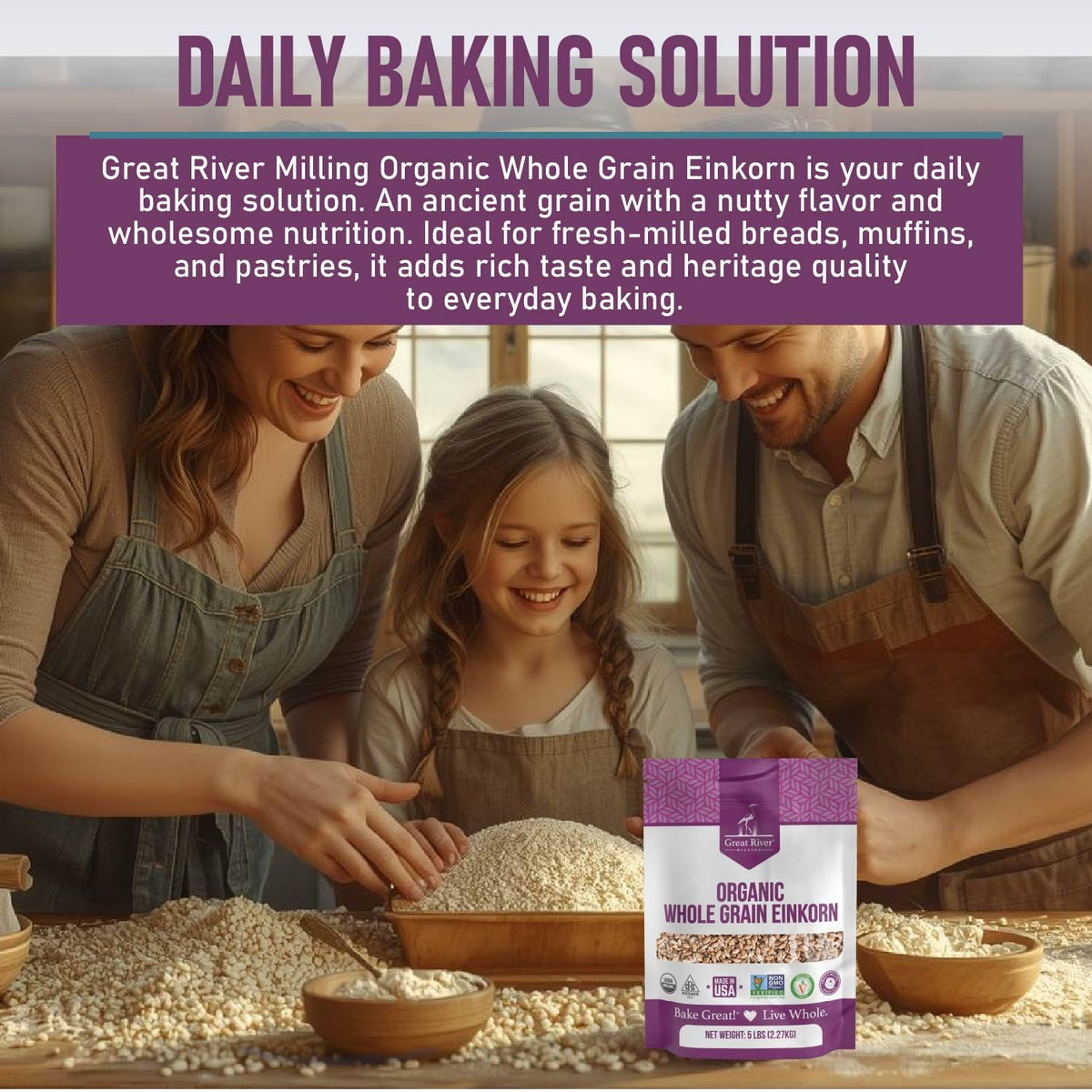 Great River Milling einkorn wheat berries organic and Kosher certified seal signaling trusted ingredients