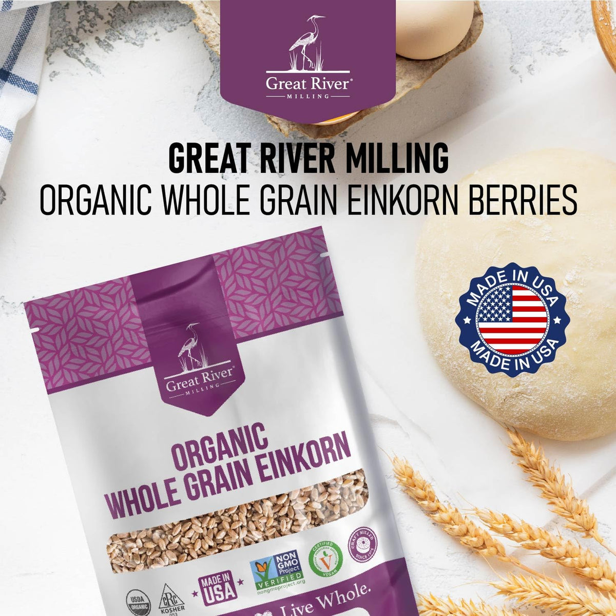 Great River Milling einkorn wheat berries pantry bag on kitchen counter ideal for baking