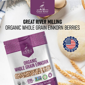 Great River Milling einkorn wheat berries pantry bag on kitchen counter ideal for baking