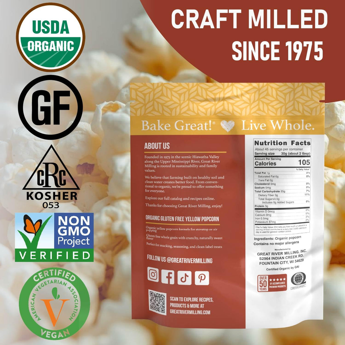 Great River Milling gluten-free label supports gluten-free, plant-based snacking options.