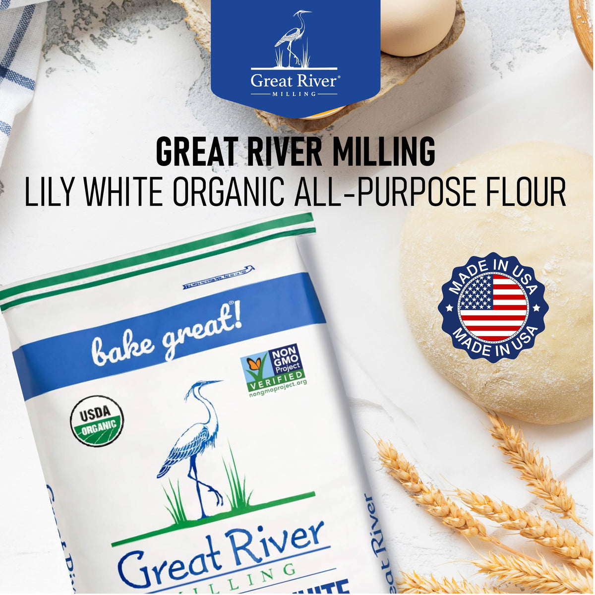 Great River Milling Lily White Flour ingredients close-up signaling organic, non-GMO quality