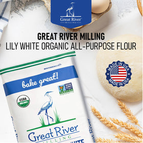 Great River Milling Lily White Flour ingredients close-up signaling organic, non-GMO quality