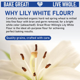 Great River Milling Lily White Flour with measuring cups showing precise home baking results