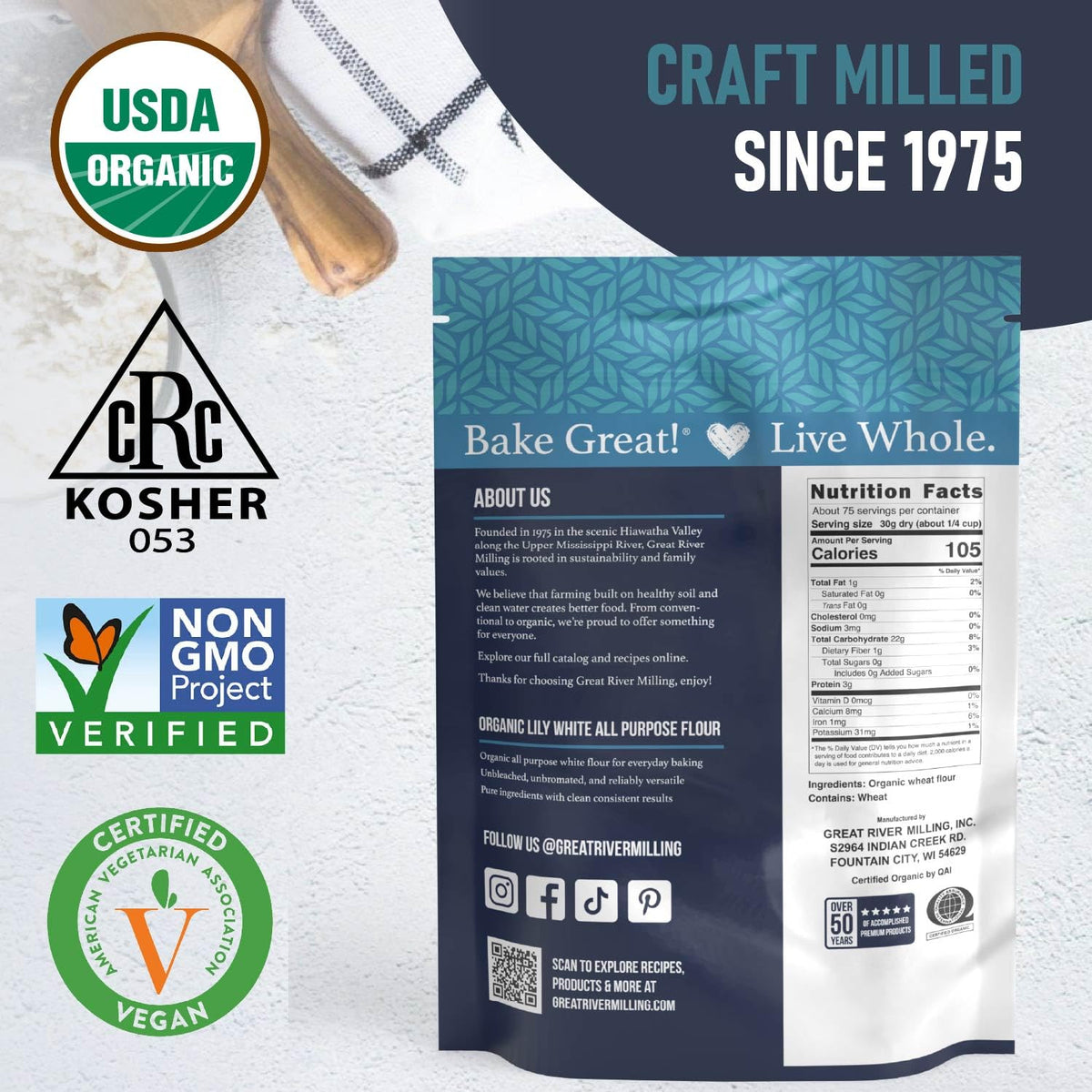 Great River Milling Lily White Flour organic, non-GMO, and kosher certified.