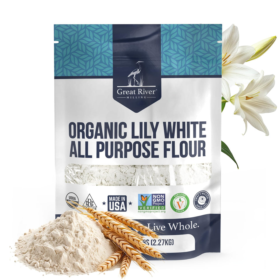 Great River Milling Lily White Flour package showing organic, unbleached all-purpose versatility for everyday baking.