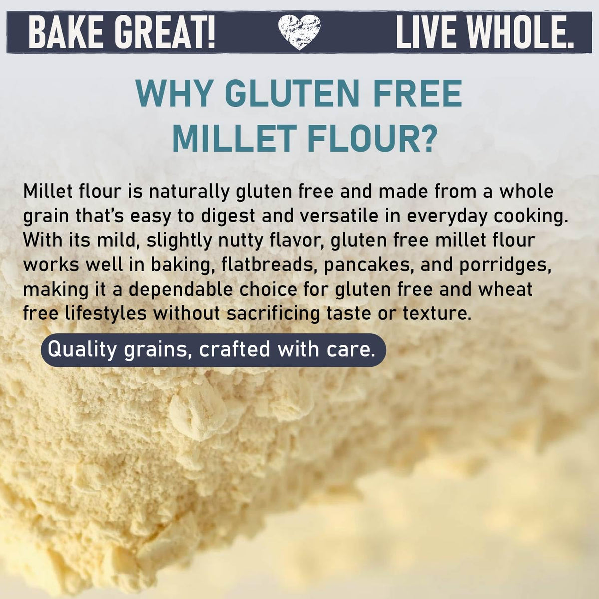 Great River Milling Millet Flour scoop over measuring cup showing smooth texture.