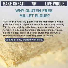 Great River Milling Millet Flour scoop over measuring cup showing smooth texture.