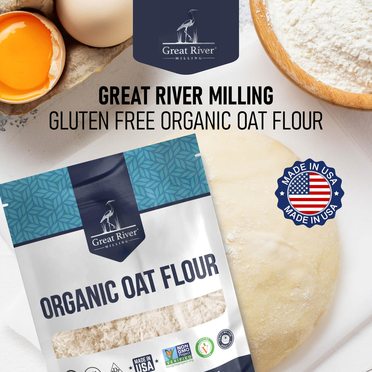 Great River Milling Non-GMO Oat Flour; clean ingredient for everyday baking.