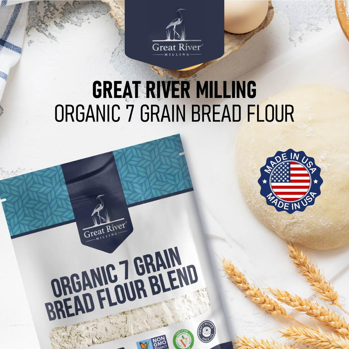 Great River Milling 7 Grain Flour baking scene with rustic loaf.