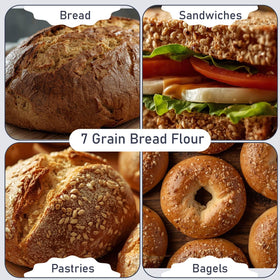 Great River Milling 7 Grain Flour ingredients display emphasizing organic quality.