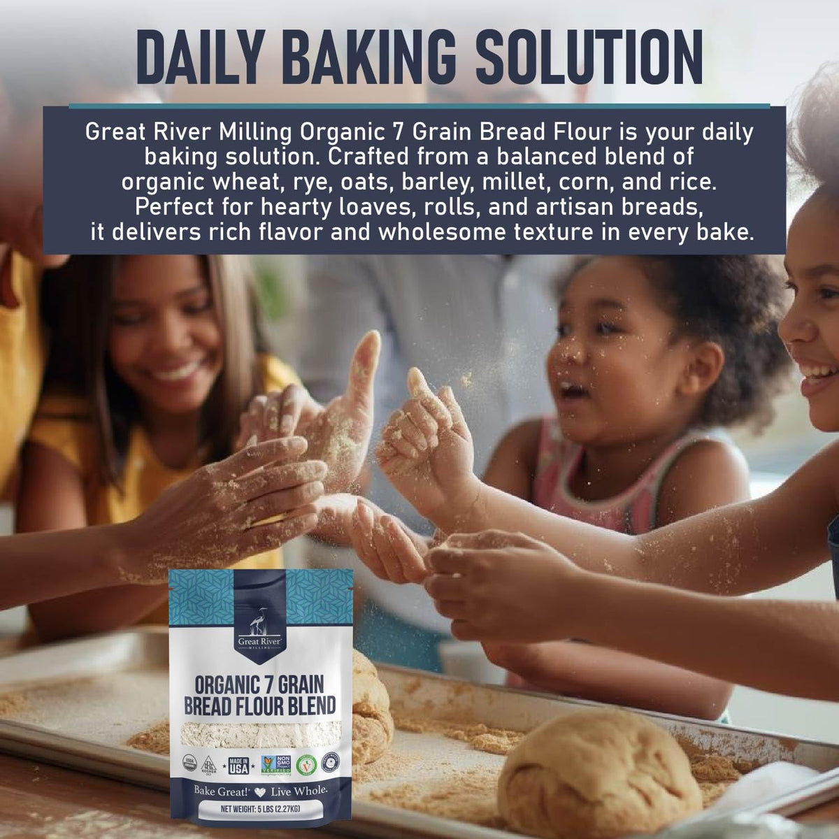 Great River Milling 7 Grain Flour package on shelf with kosher certification.