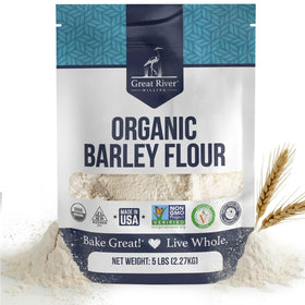 Great River Milling Organic Barley Flour in a 5 lb bag for clean baking