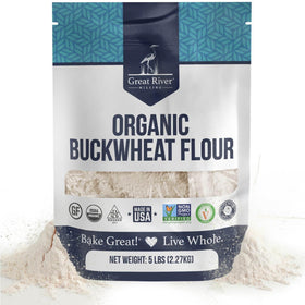 Great River Milling Organic Buckwheat Flour front pack, gluten-free baking versatility.
