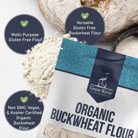 Great River Milling Organic Buckwheat Flour label close-up with certifications.