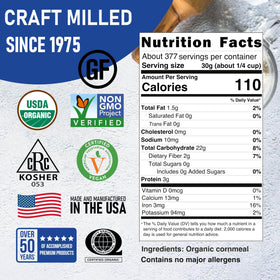 Great River Milling Organic cornmeal bowl ready for pancakes or muffins with rustic texture.