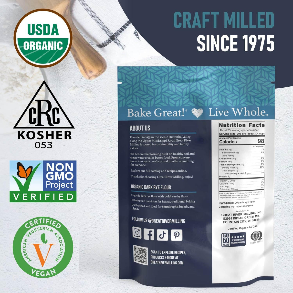Great River Milling Organic Dark Rye Flour bran-germ closeup emphasizes fiber.