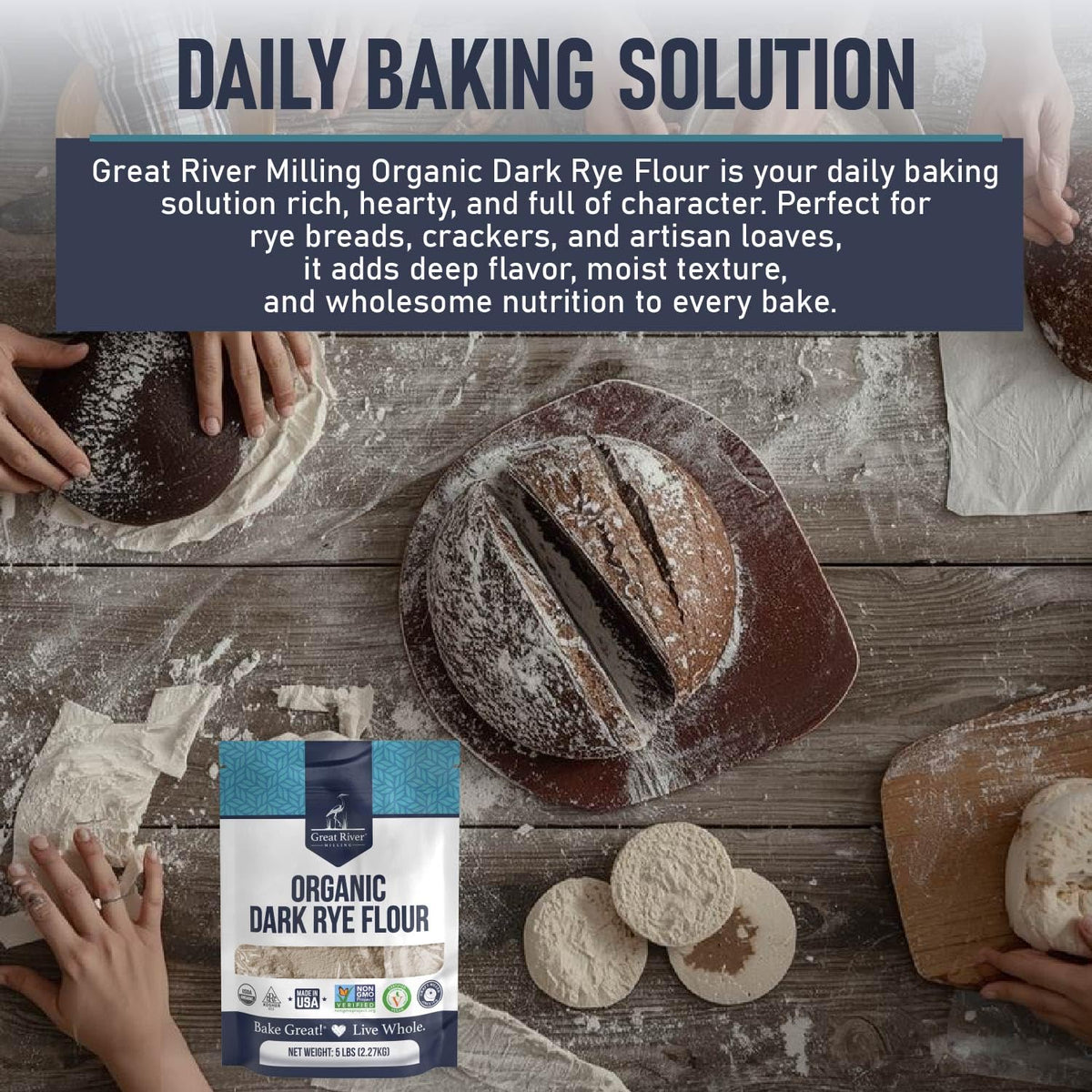 Great River Milling Organic Dark Rye Flour kitchen-scale prep for precise bakes.