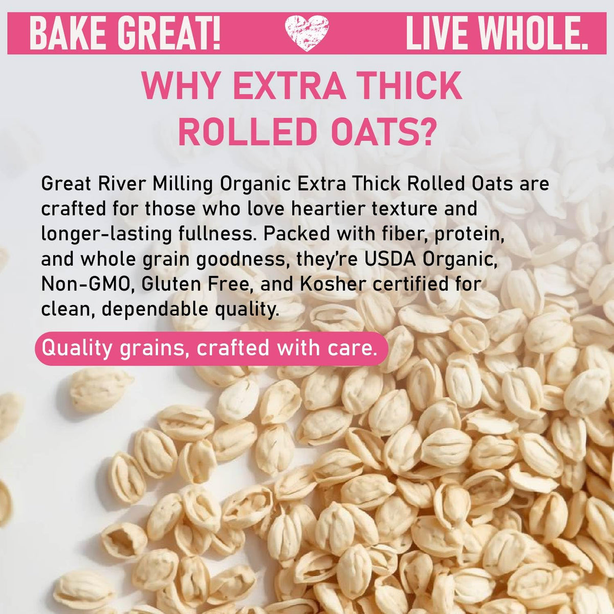 Great River Milling Organic Extra Thick Rolled Oats in measuring cup for granola or baking