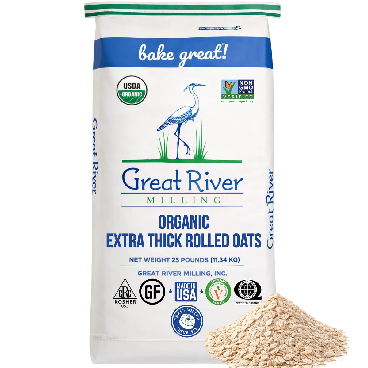 Great River Milling Organic Extra Thick Rolled Oats pack image for hearty oatmeal and baking