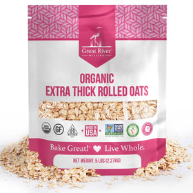 Great River Milling Organic Extra Thick Rolled Oats packaging for easy pantry storage and hearty breakfasts