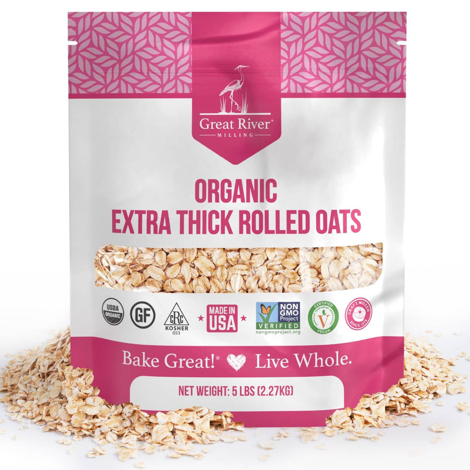 Great River Milling Organic Extra Thick Rolled Oats packaging for easy pantry storage and hearty breakfasts