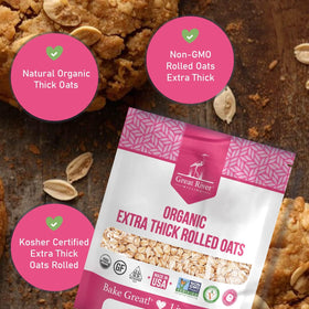 Great River Milling Organic Extra Thick Rolled Oats pouring into a pan for bars