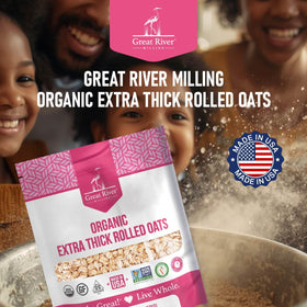 Great River Milling Organic Extra Thick Rolled Oats USA grown oats in rustic packaging