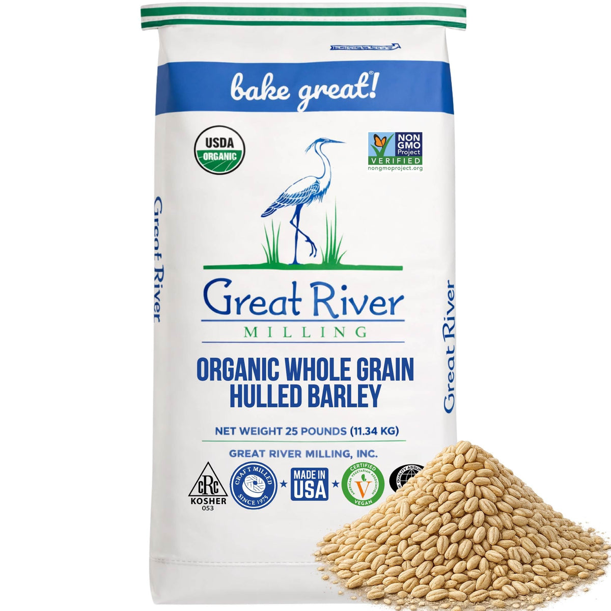 Great River Milling organic hulled barley grain in a 25 lb bag for home milling and cooking.