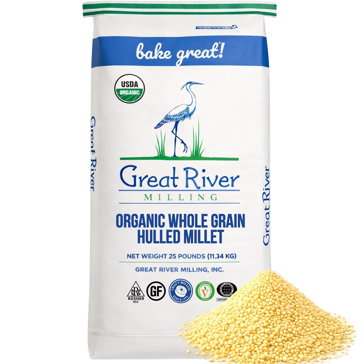 Great River Milling Organic Hulled Millet in a 25 lb bag, perfect for gluten-free porridge or salads.