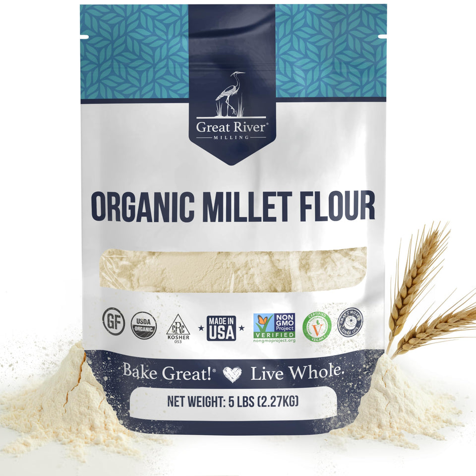 Great River Milling Organic Millet Flour bag on shelf, ideal for gluten-free baking.
