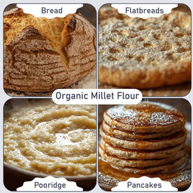 Great River Milling Organic Millet Flour with muffins, highlighting light crumb in baking.