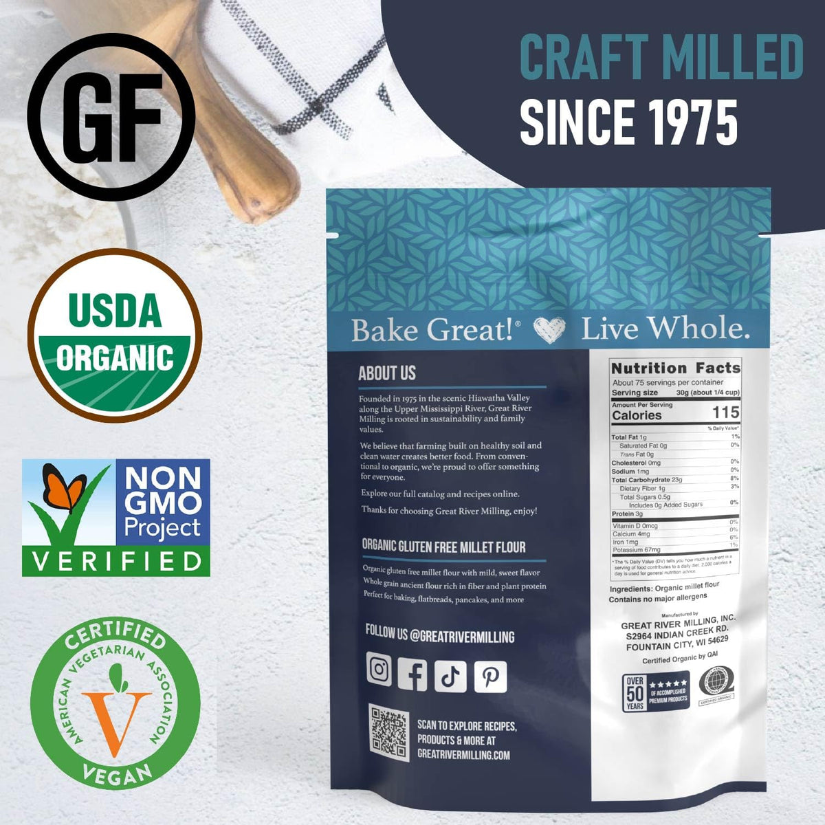 Great River Milling Millet Flour storage bag ready for pantry use.