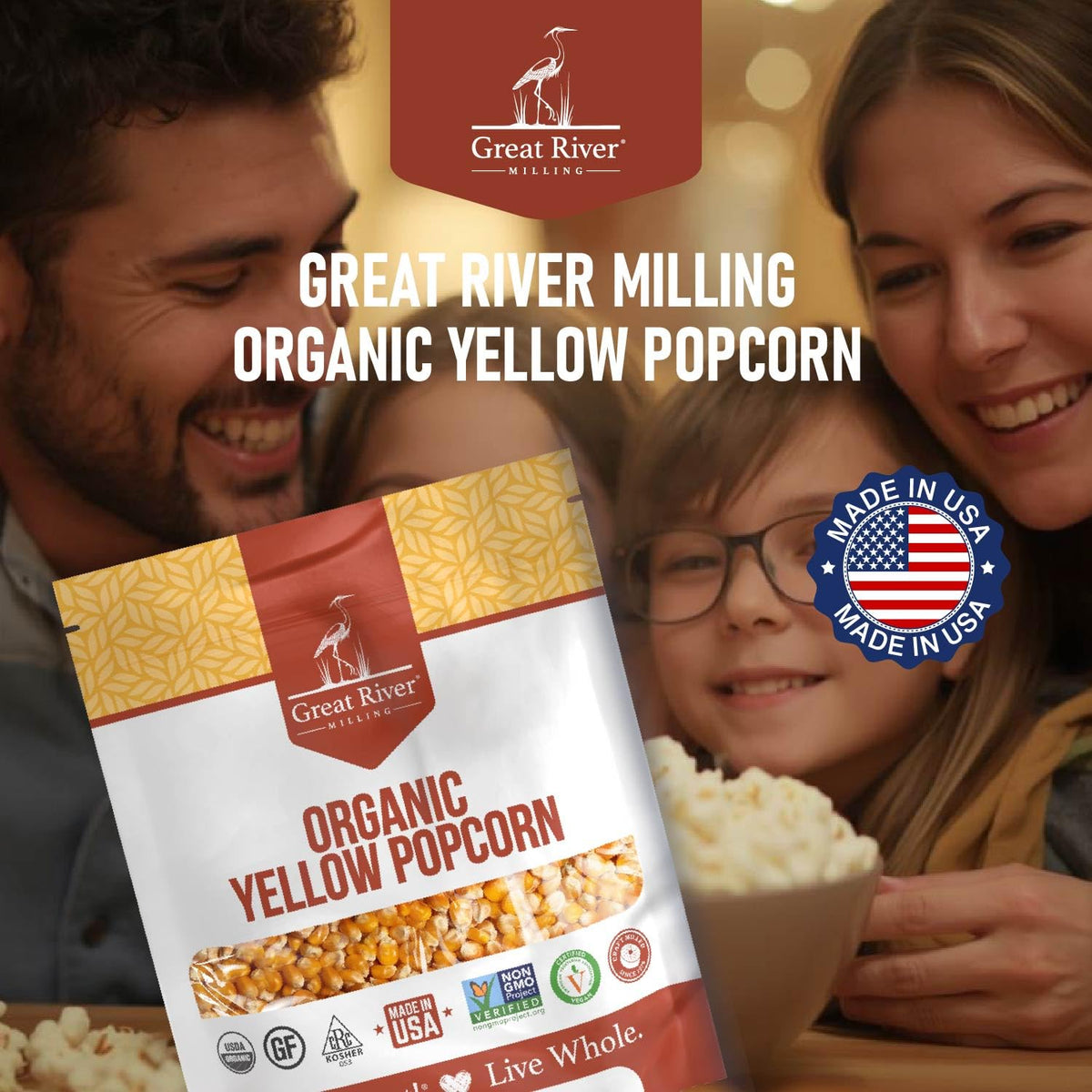 Great River Milling Organic Non-GMO seal signals a natural, GMO-free snack choice.