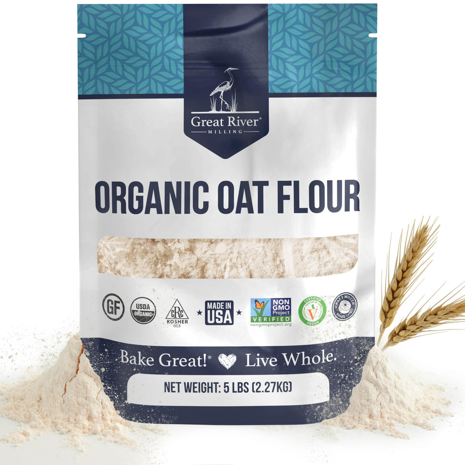 Great River Milling Organic Oat Flour bag for pure gluten-free baking base.
