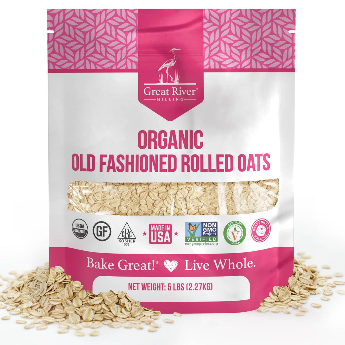 Great River Milling Organic Old Fashioned Rolled Oats bag for versatile breakfast and baking.