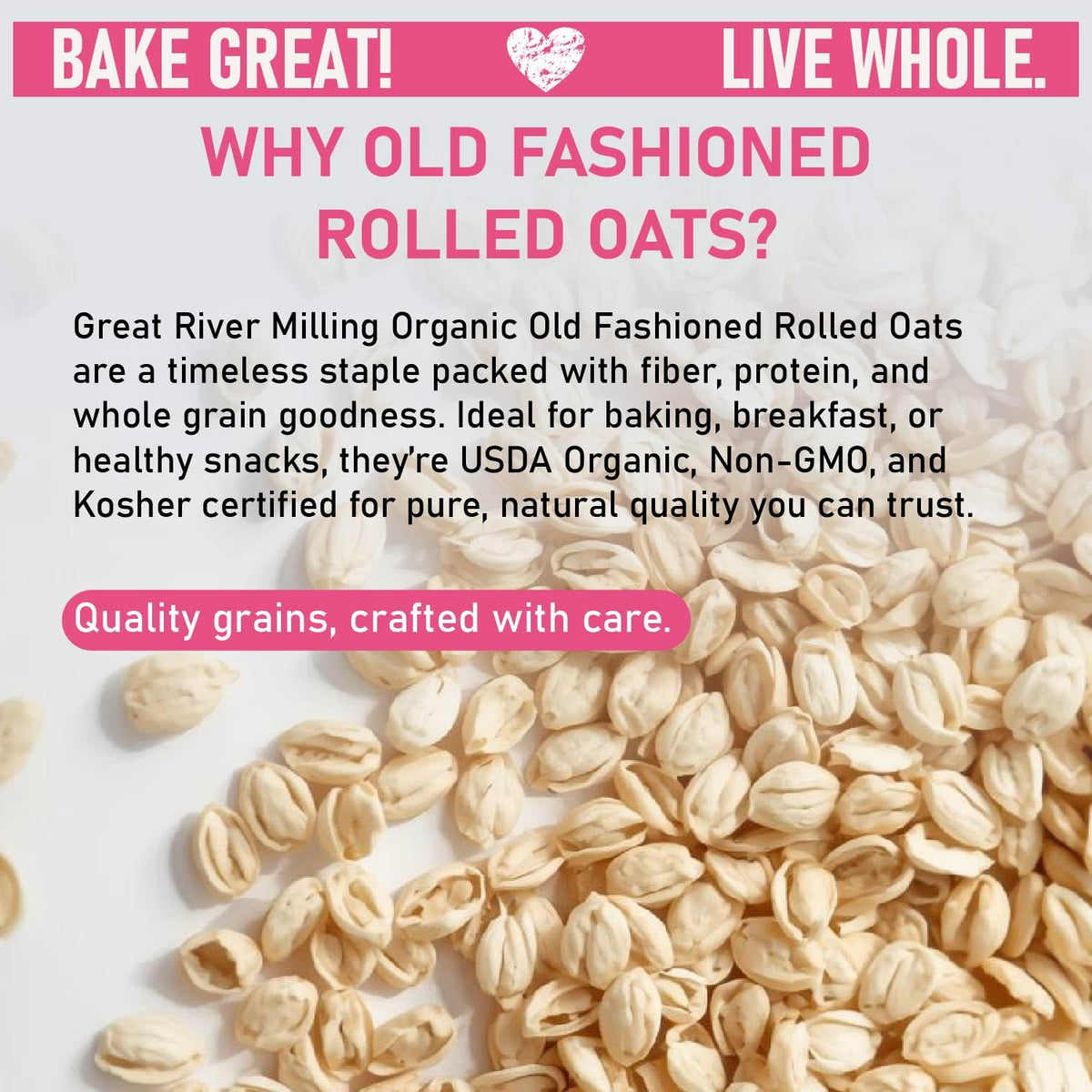 Great River Milling Organic Old Fashioned Rolled Oats bowl highlights a wholesome, fiber-rich breakfast.