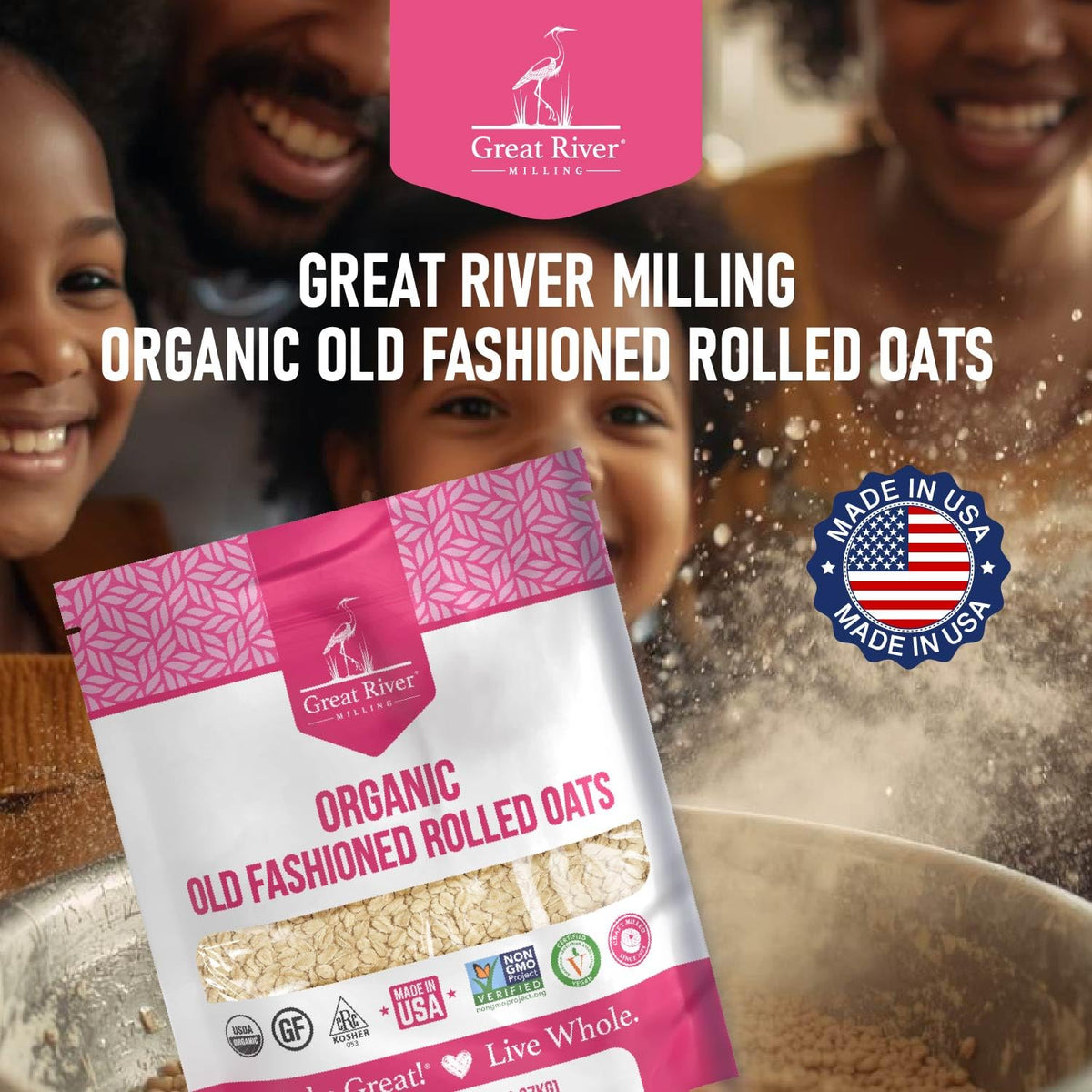 Great River Milling Organic Old Fashioned Rolled Oats on kitchen counter ready for recipe tests.