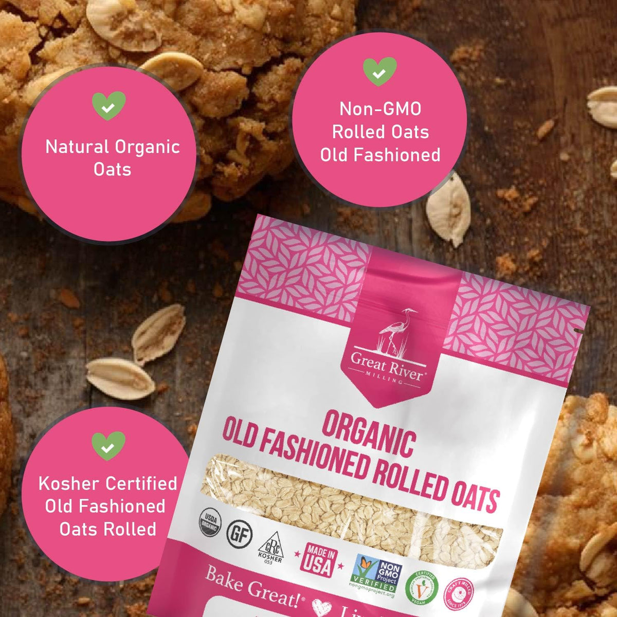 Great River Milling Organic Old Fashioned Rolled Oats measuring cups emphasize precise baking prep.