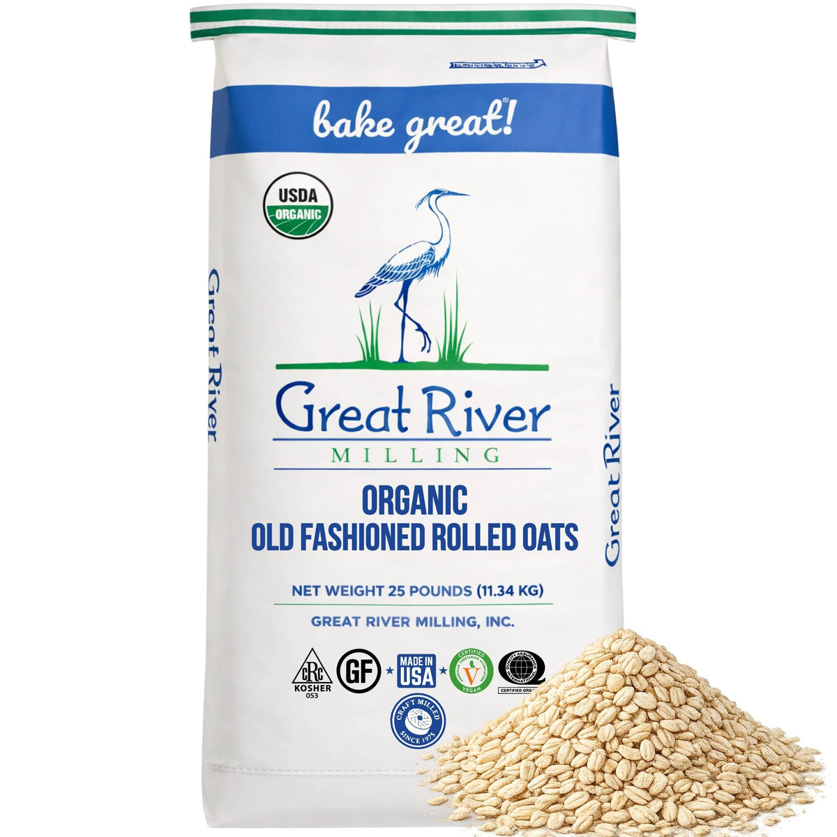 Great River Milling Organic Old Fashioned Rolled Oats pack for hearty breakfasts and baking.