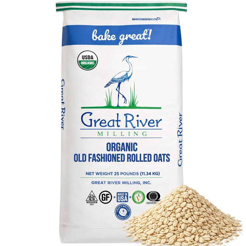 Great River Milling Organic Old Fashioned Rolled Oats pack for hearty breakfasts and baking.