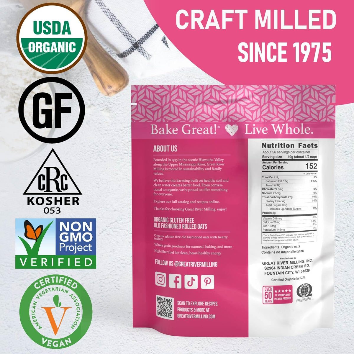 Great River Milling Organic Old Fashioned Rolled Oats Made in USA stamp on packaging.