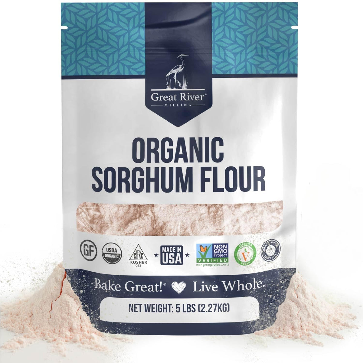 Great River Milling Organic Sorghum Flour 5 lb pack for gluten-free baking versatility.