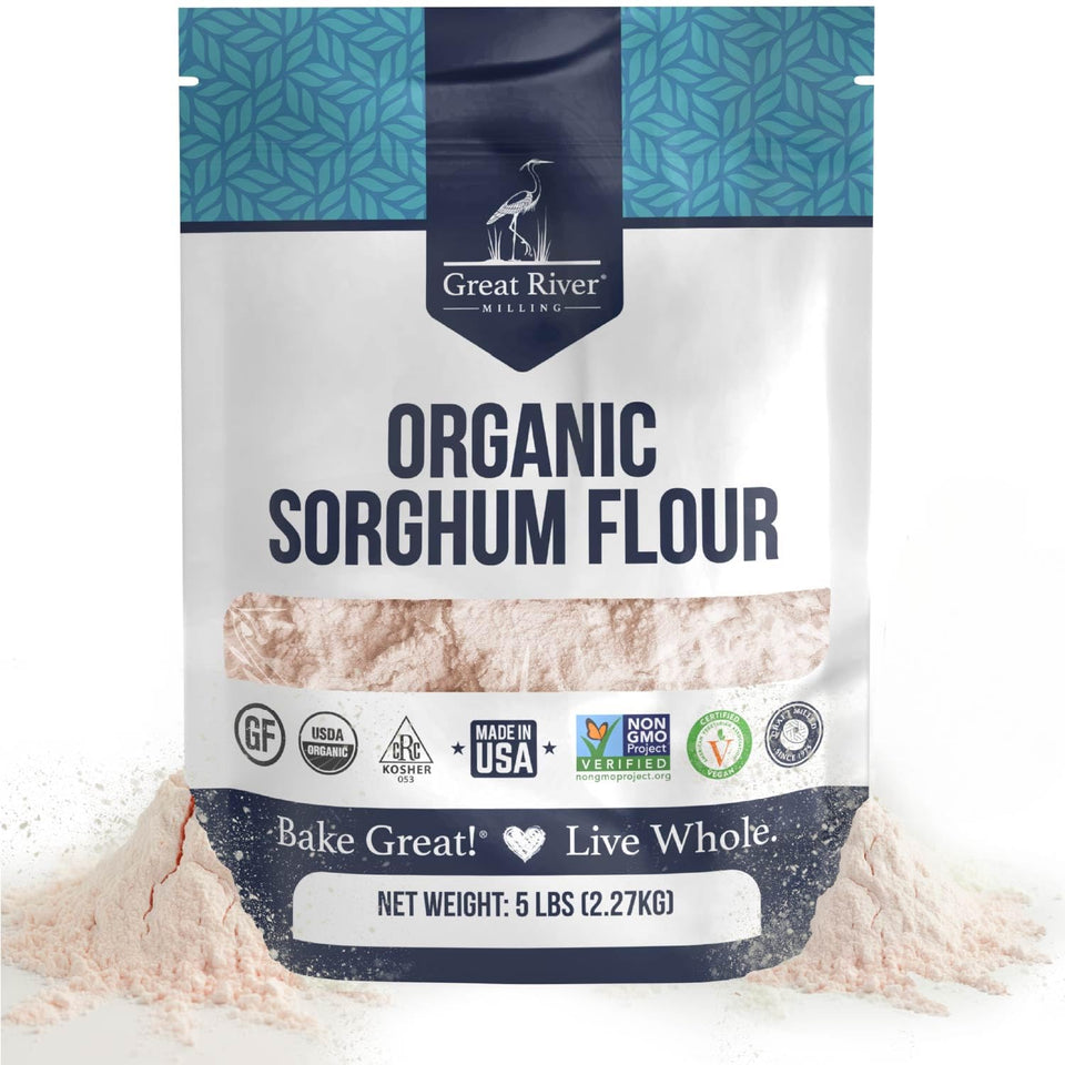 Great River Milling Organic Sorghum Flour 5 lb pack for gluten-free baking versatility.