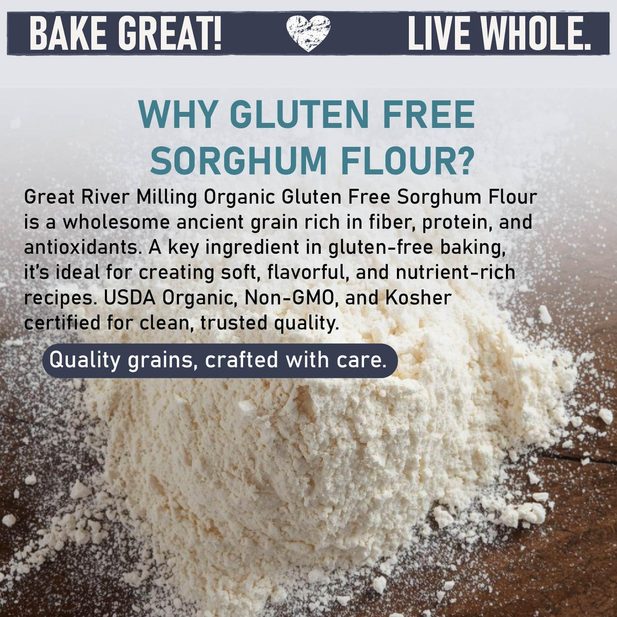 Smooth pour of sorghum flour into batter for light-textured breads.