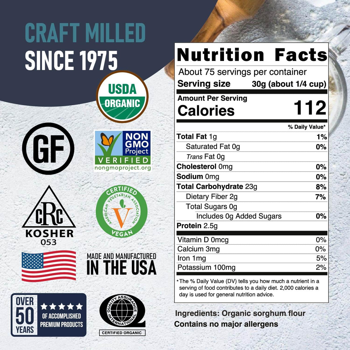 Scoop and measure sorghum flour for precise gluten-free recipes.