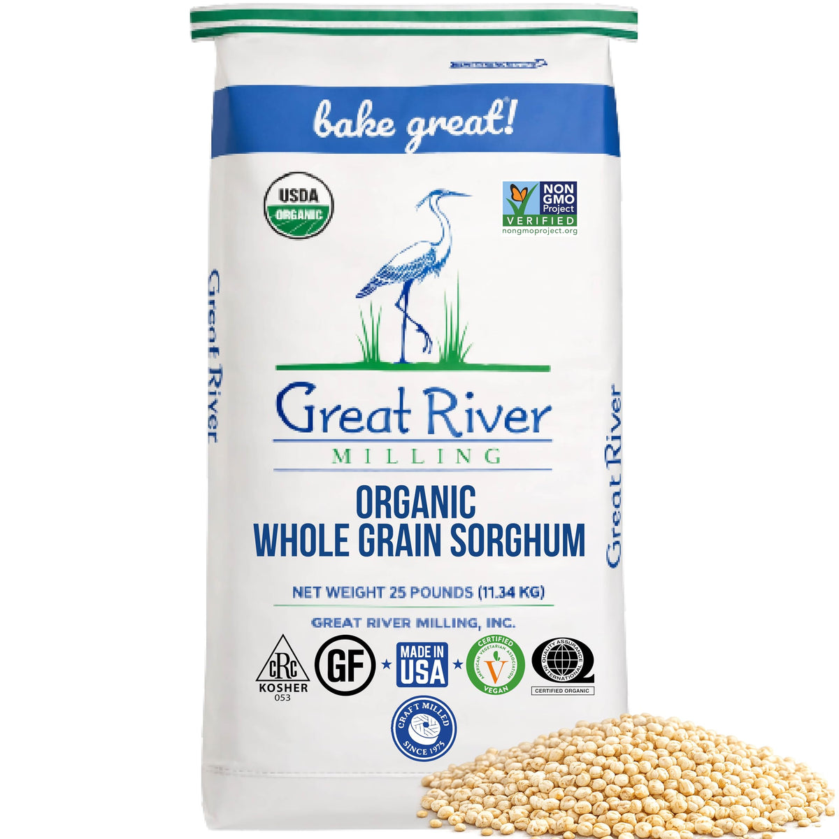 Great River Milling Organic Sorghum 25 lb bag, ideal for salads, pilaf, or porridge